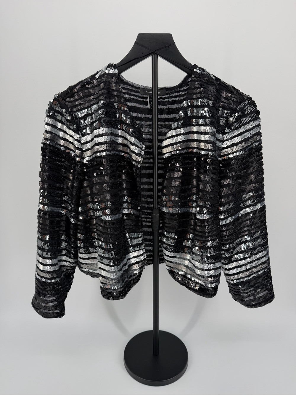 R&M Richards Sequin Jacket Women L Black Silver Open Front Cropped Shrug Bolero